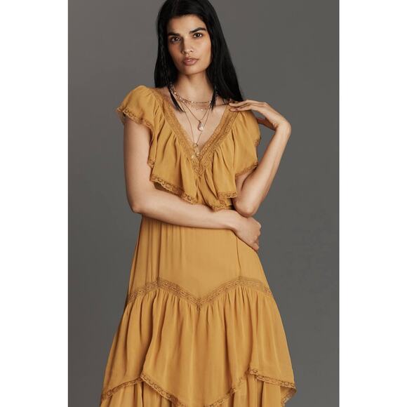 NWT By Anthropologie Mustard Ruffle V-Neck Midi Dress XS Viscose Boho Romantic - Picture 3 of 12